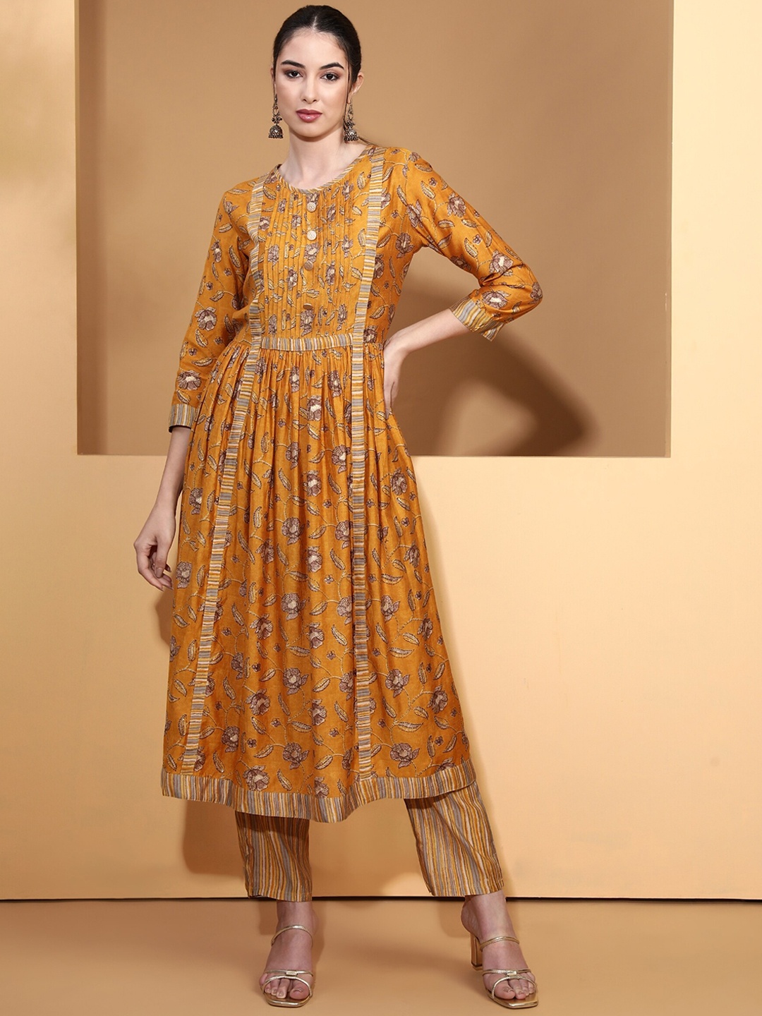 

Be Indi Floral Printed Anarkali Pleated Kurta with Trousers, Mustard