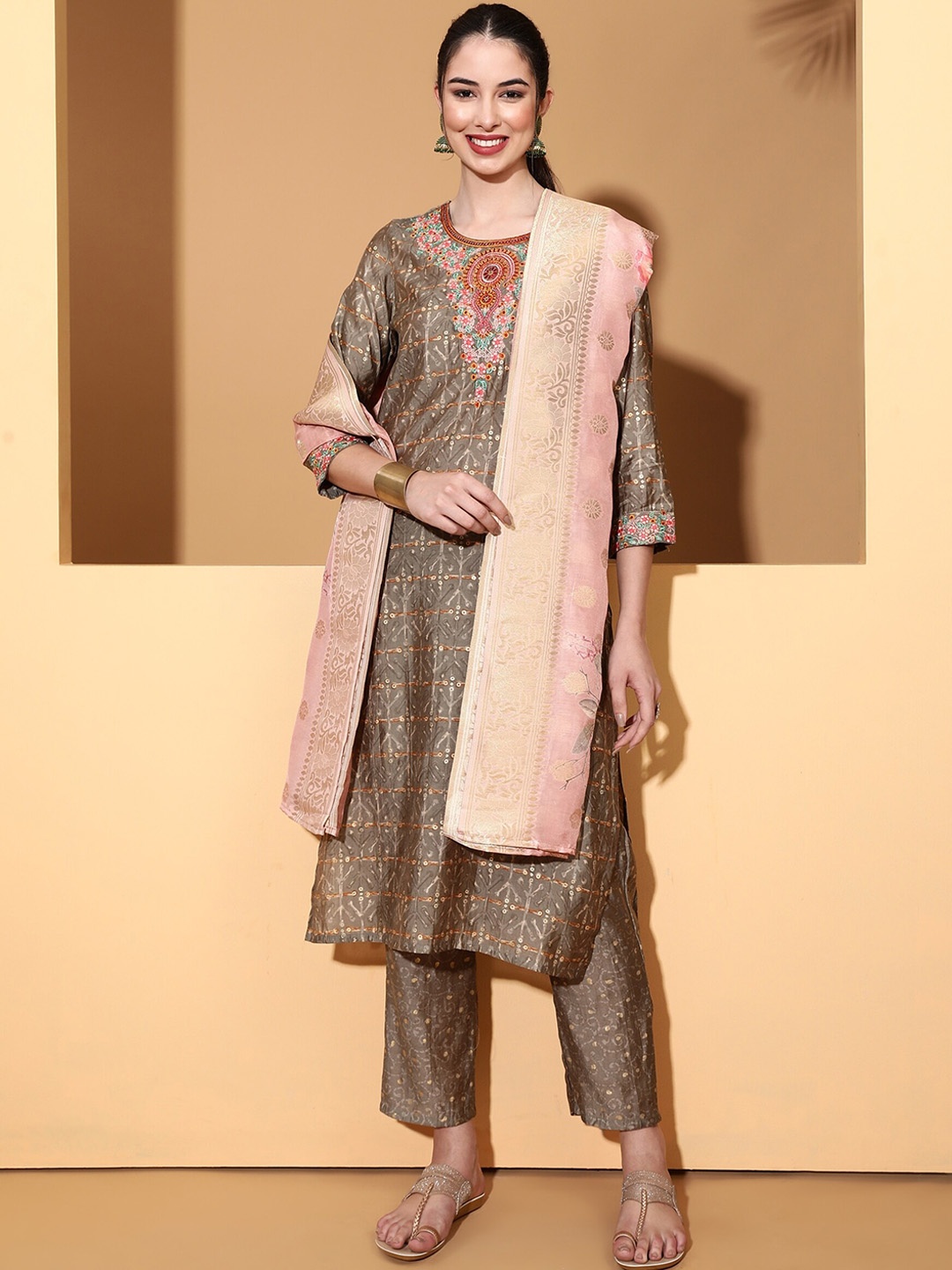 

Be Indi Ethnic Motifs Embroidered Kurta with Trousers & Dupatta, Brown