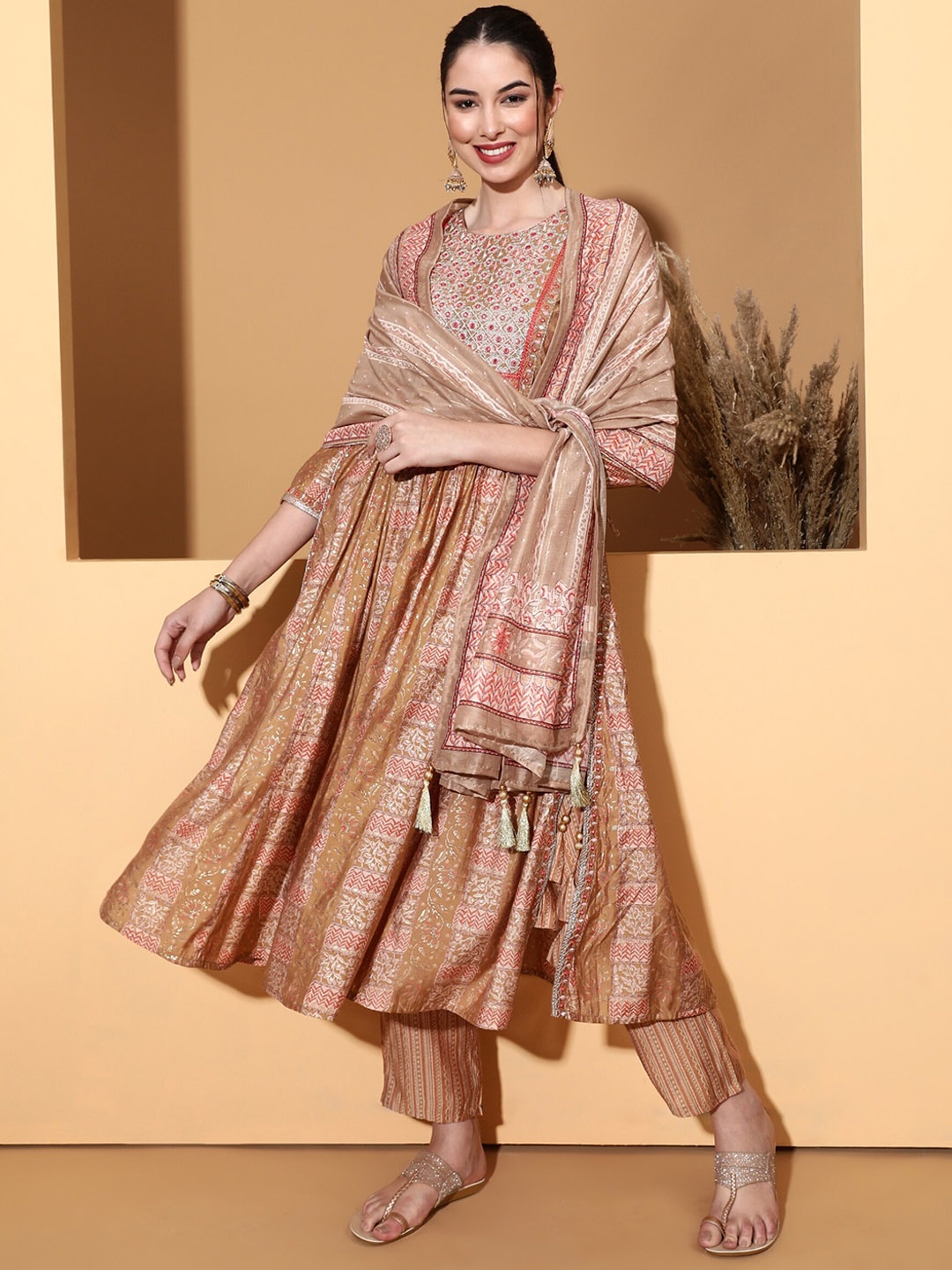 

Be Indi Ethnic Motifs Printed Mirror Work A-Line Kurta with Trousers & Dupatta, Brown