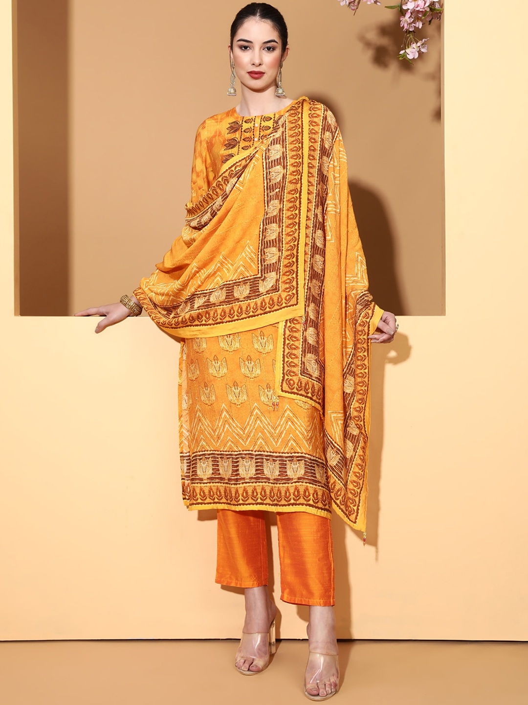 

Be Indi Ethnic Motifs Printed Thread Work Kurta with Trousers & Dupatta, Mustard