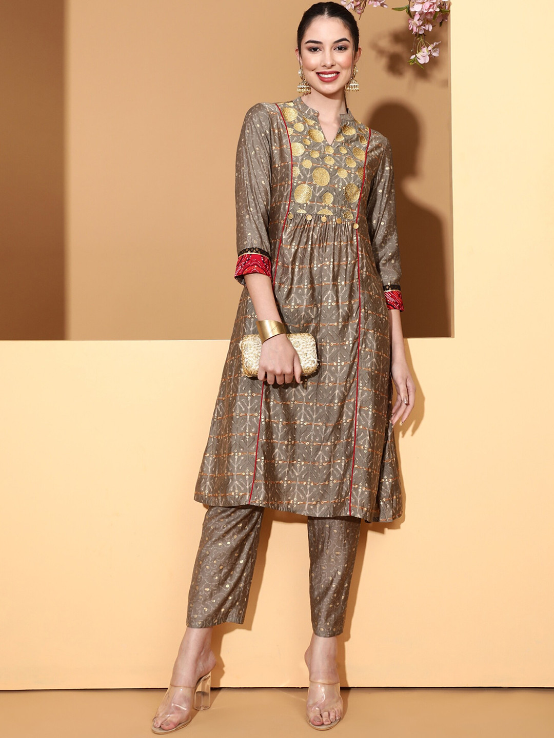 

Be Indi Ethnic Motifs Embroidered Zari A-Line Panelled Kurta with Trousers, Brown