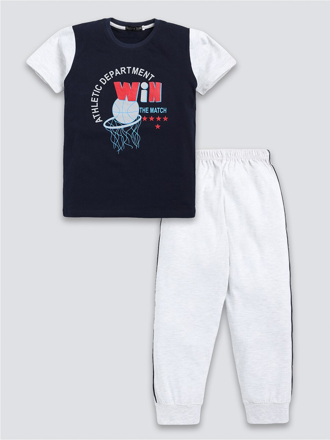 

Todd N Teen Boys Printed Pure Cotton T-shirt with Trousers, Navy blue