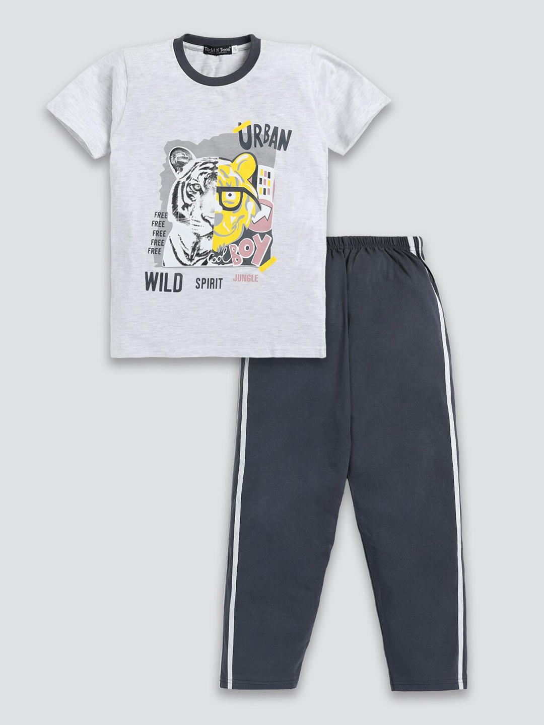 

Todd N Teen Boys Typographic Printed Pure Cotton T-shirt with Trousers, Grey