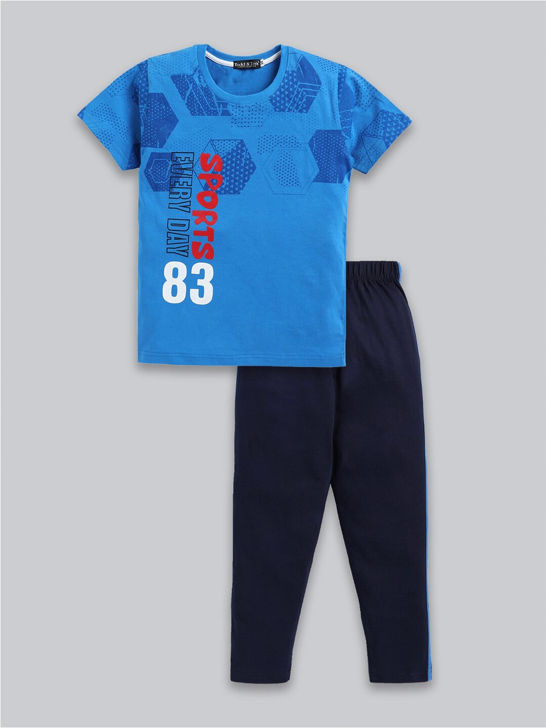 

Todd N Teen Boys Printed Pure Cotton Round Neck T-shirt with Trousers Clothing Set, Blue