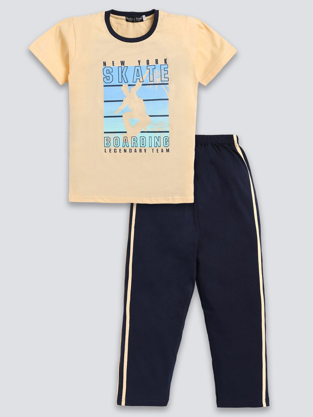 

Todd N Teen Boys Printed Pure Cotton T-shirt with Trousers, Beige