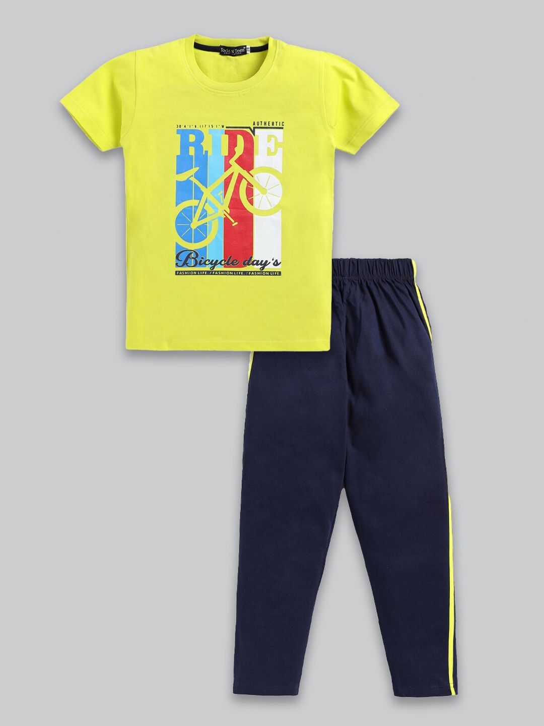 

Todd N Teen Boys Graphic Printed Pure Cotton T-shirt with Trousers, Lime green