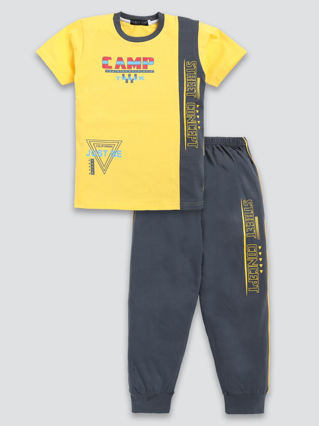 

Todd N Teen Boys Typographic Printed Pure Cotton T-shirt with Trousers, Grey