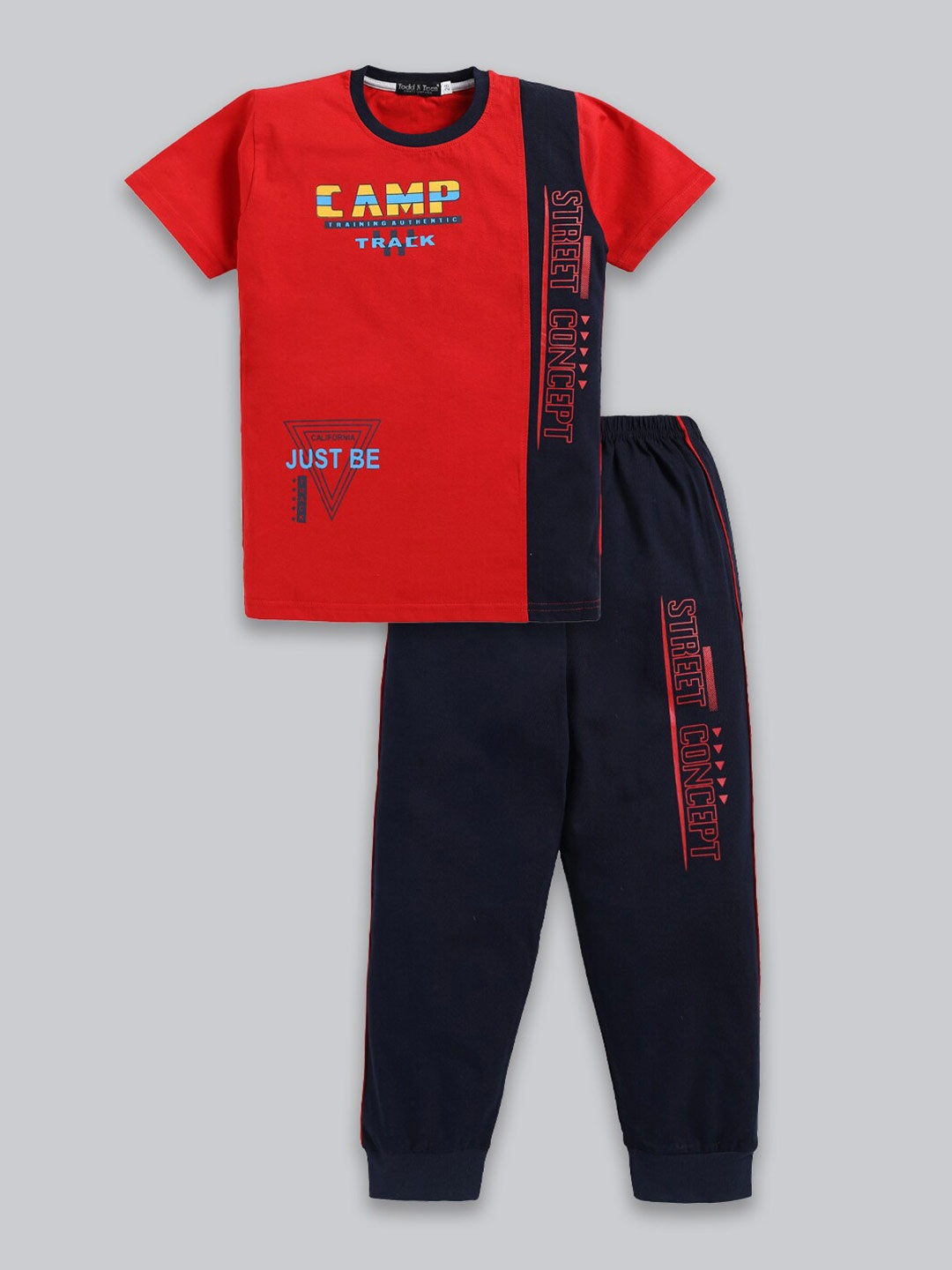 

Todd N Teen Boys Printed Pure Cotton Round Neck T-shirt with Trousers Clothing Set, Red