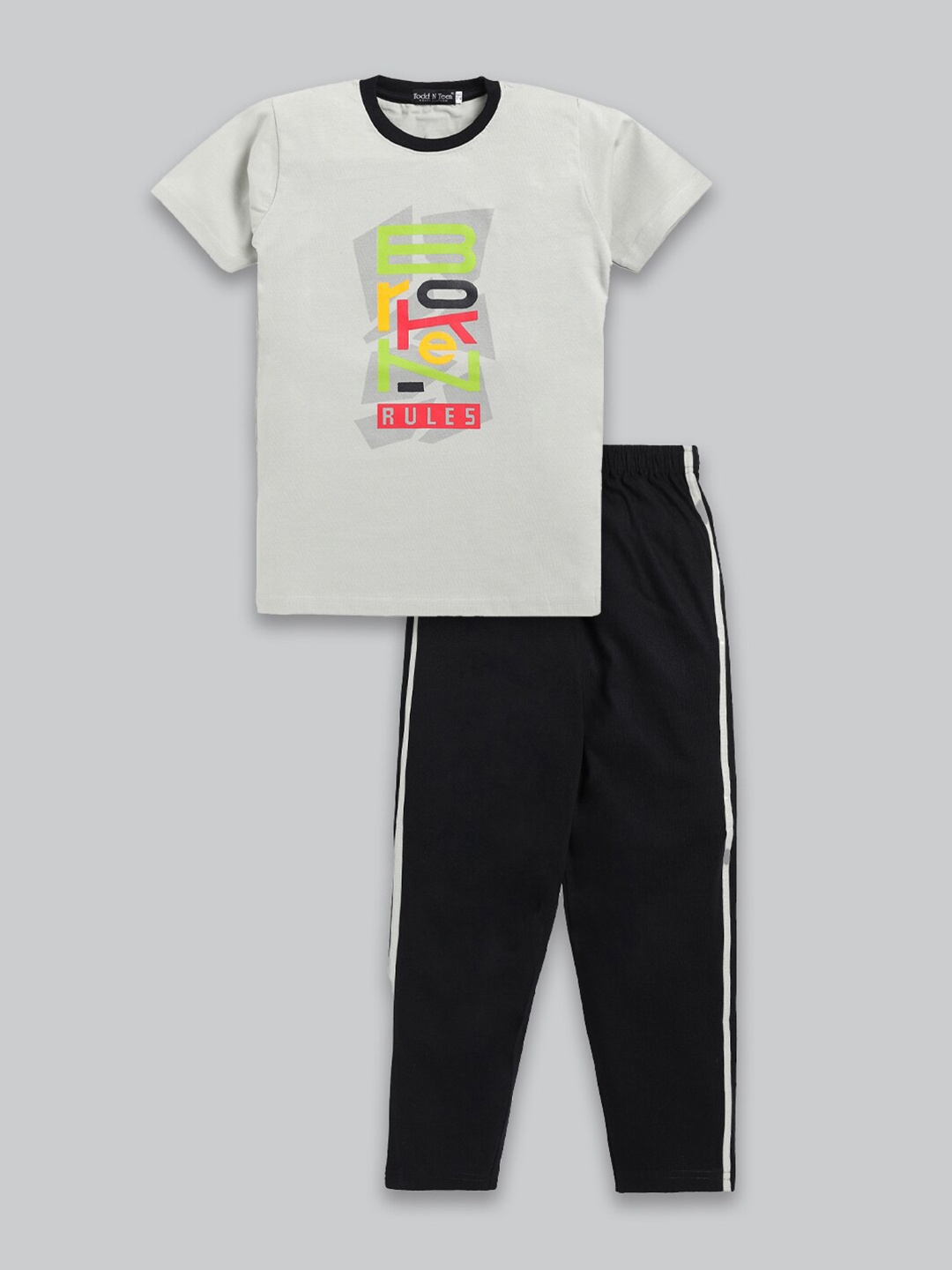 

Todd N Teen Boys Typographic Printed Pure Cotton T-shirt with Trousers, Grey