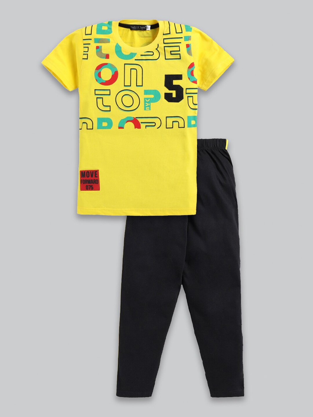 

Todd N Teen Boys Typographic Printed Pure Cotton T-shirt with Trousers, Yellow