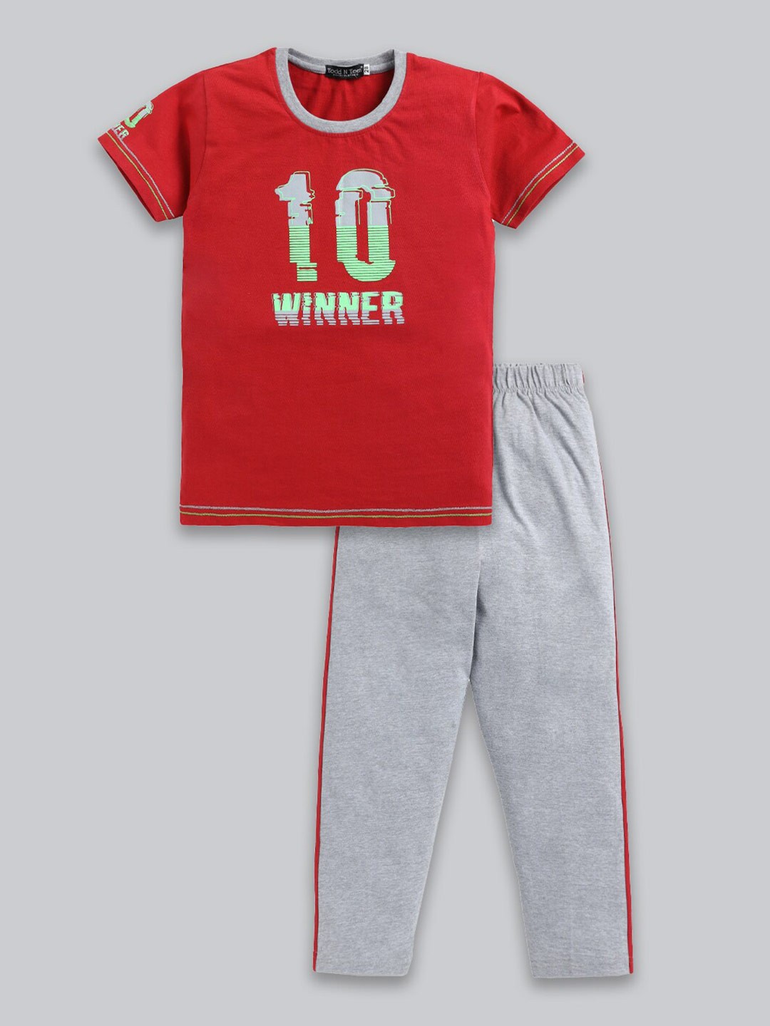 

Todd N Teen Boys Printed Pure Cotton Round Neck T-shirt with Trousers Clothing Set, Red