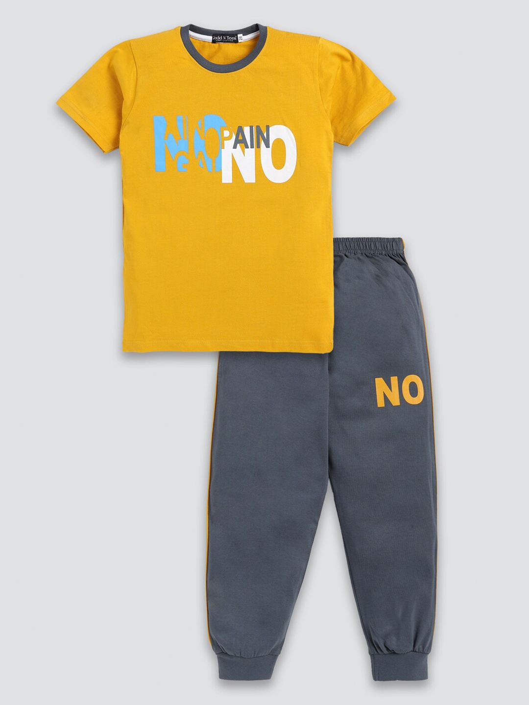 

Todd N Teen Boys Typographic Printed Pure Cotton T-shirt with Trousers, Mustard
