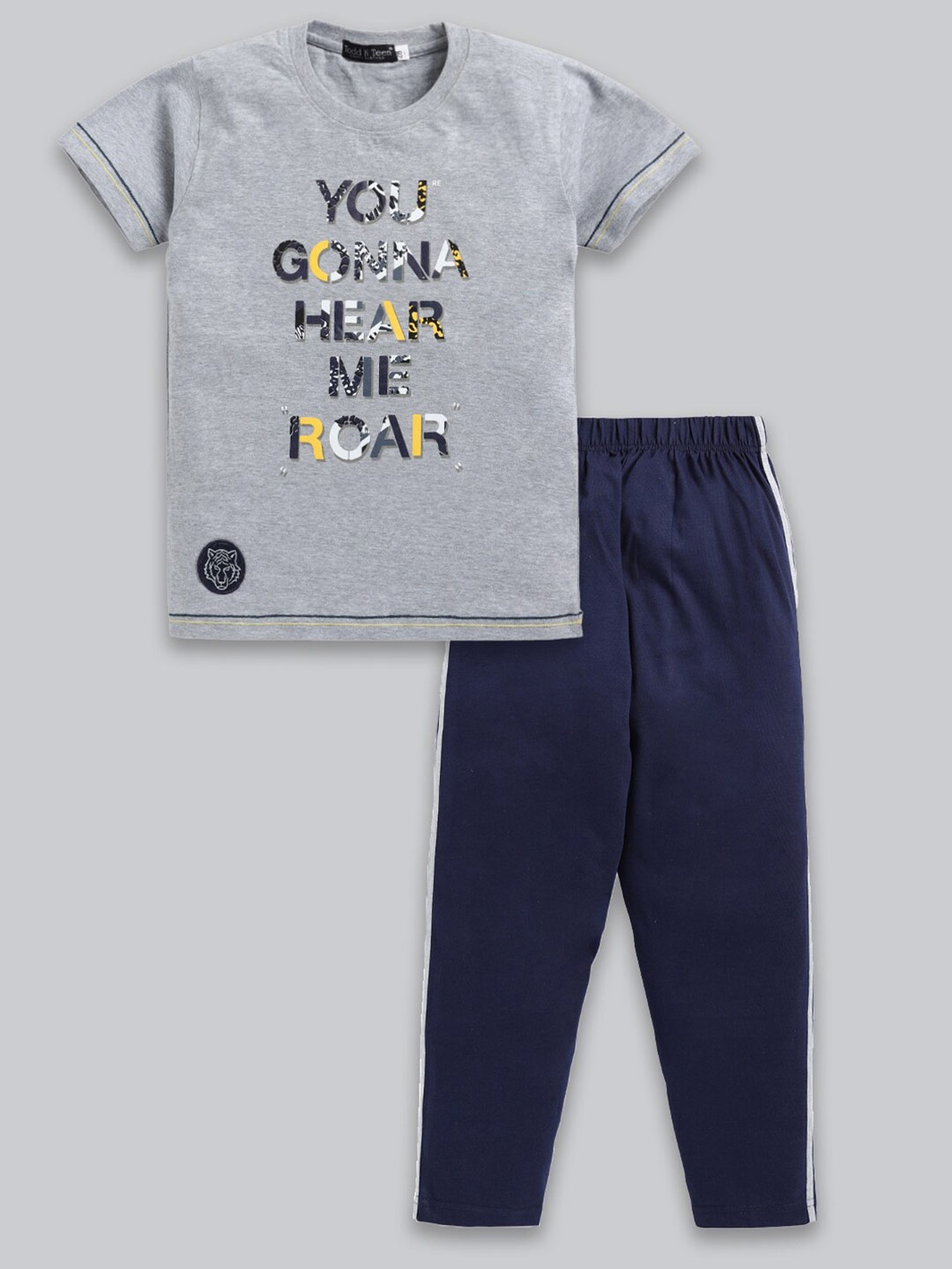 

Todd N Teen Boys Printed Pure Cotton T-shirt with Trousers, Grey