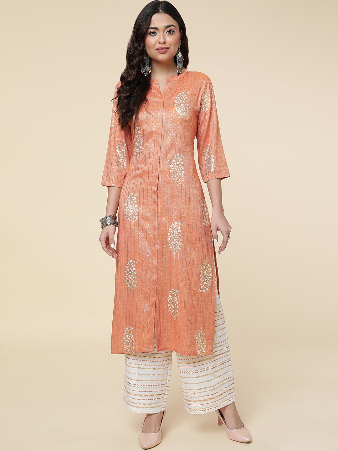 

J Turritopsis Mandarin Collar Ethnic Motifs Foil Printed Kurta with Palazzos, Orange