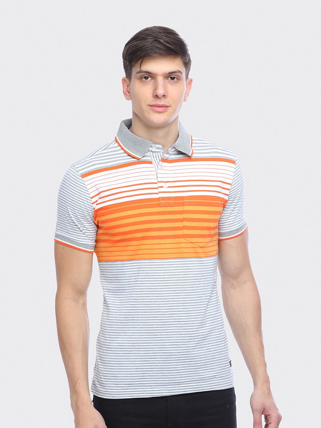 

LEAD & RIDE Striped Polo Collar Cotton T-shirt, Grey