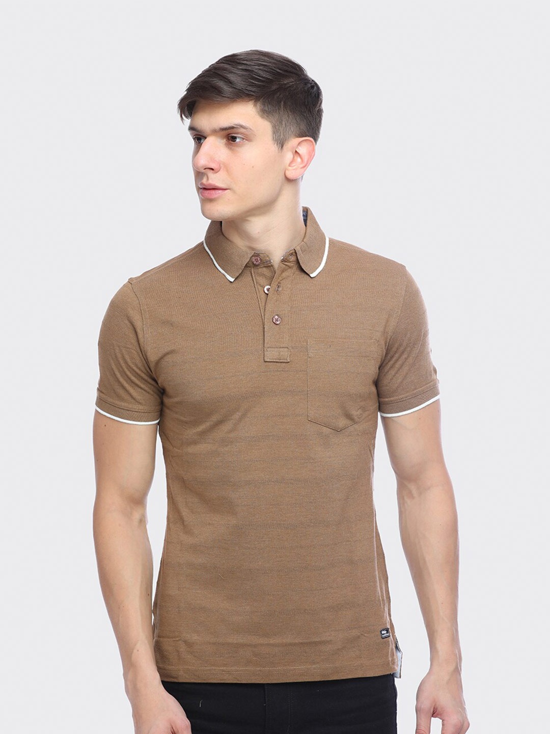 

LEAD & RIDE Striped Polo Collar Cotton T-shirt, Brown