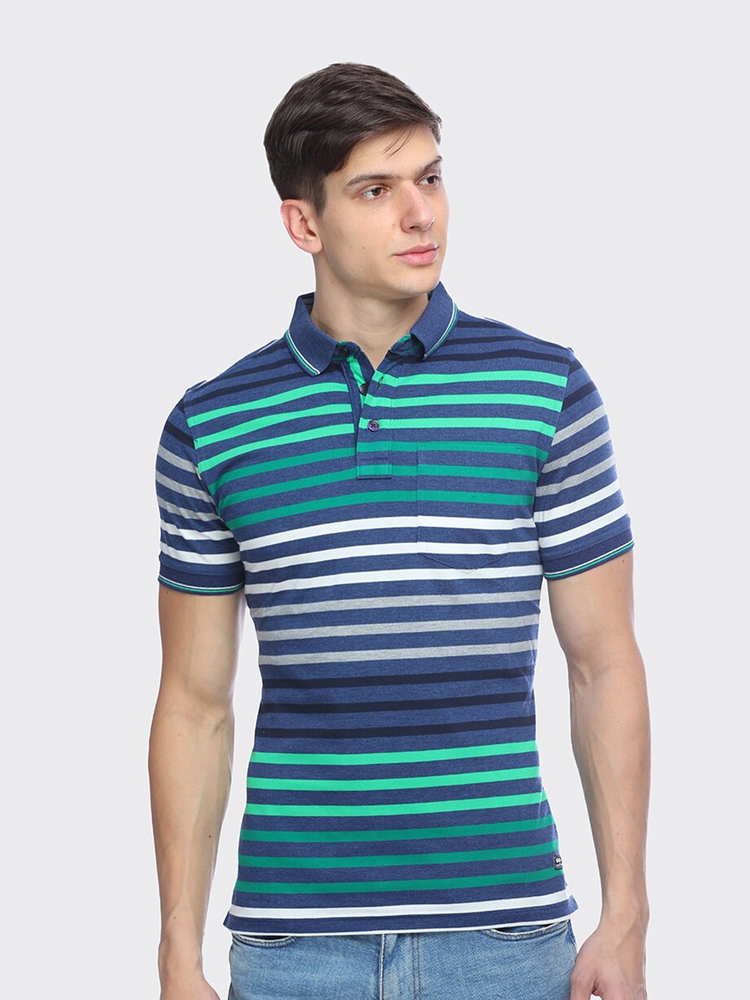 

LEAD & RIDE Striped Polo Collar Cotton T-Shirt, Blue