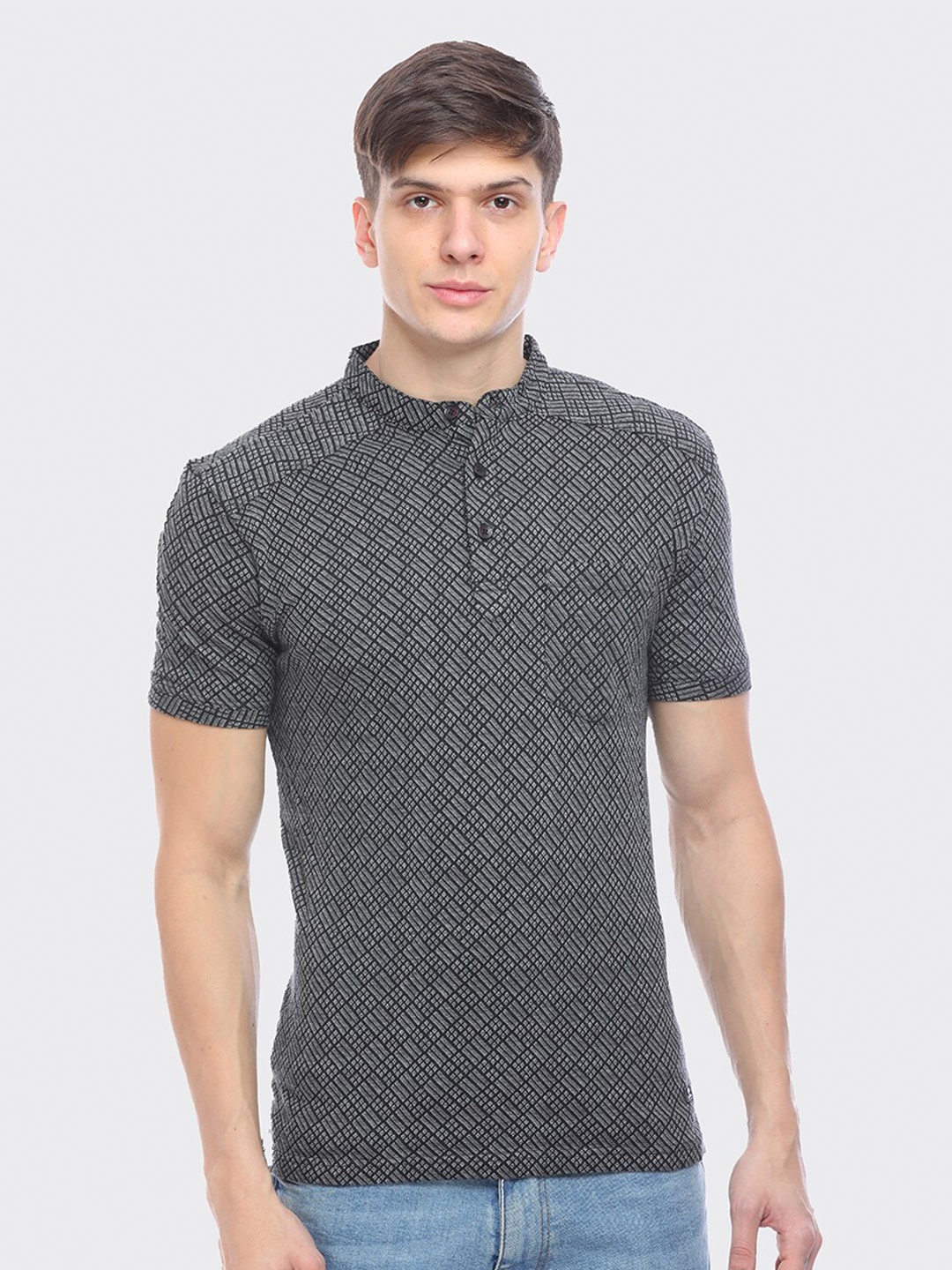 

LEAD & RIDE Checked Mandarin Collar Cotton Slim Fit T-shirt, Grey