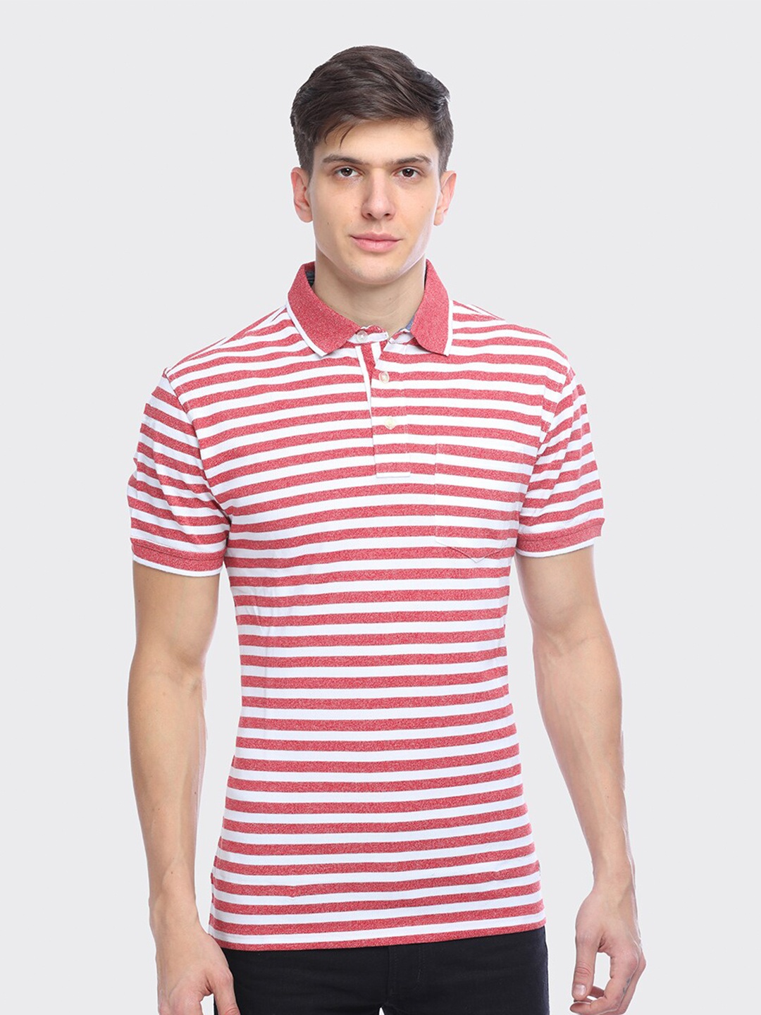 

LEAD & RIDE Striped Polo Collar Cotton T-Shirt, Pink