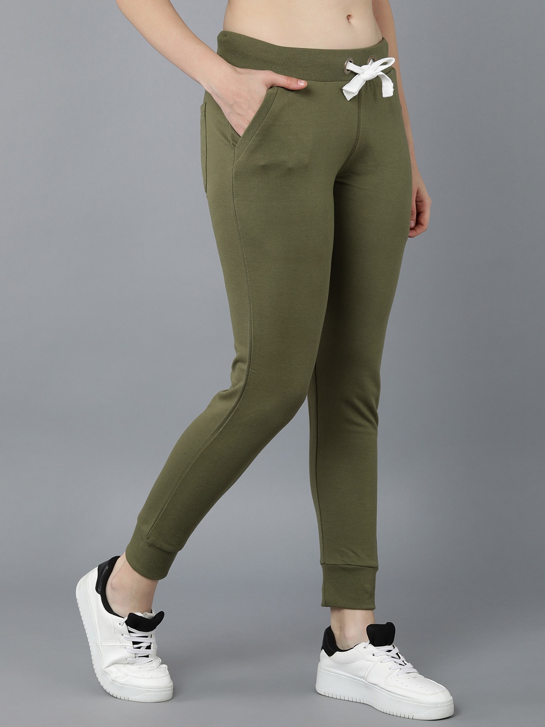 

Alan Jones Women Cotton Mid-Rise Slim Fit Joggers, Olive