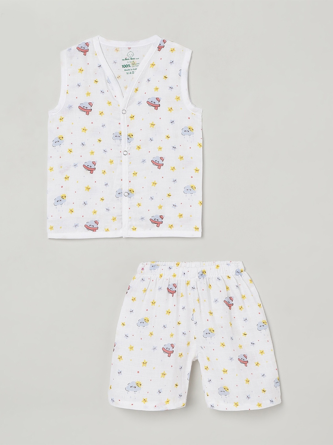 

The Boo Boo Club Kids Infants Pure Cotton Printed Sustainable Top with Shorts, White