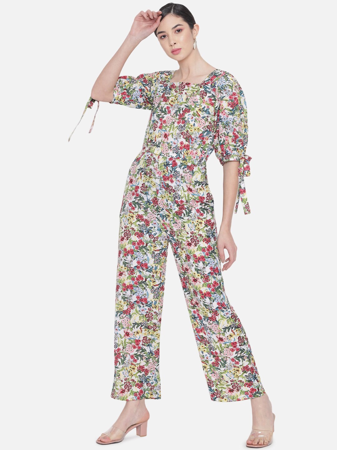 

ALL WAYS YOU Floral Printed Square Neck Basic Jumpsuit, White