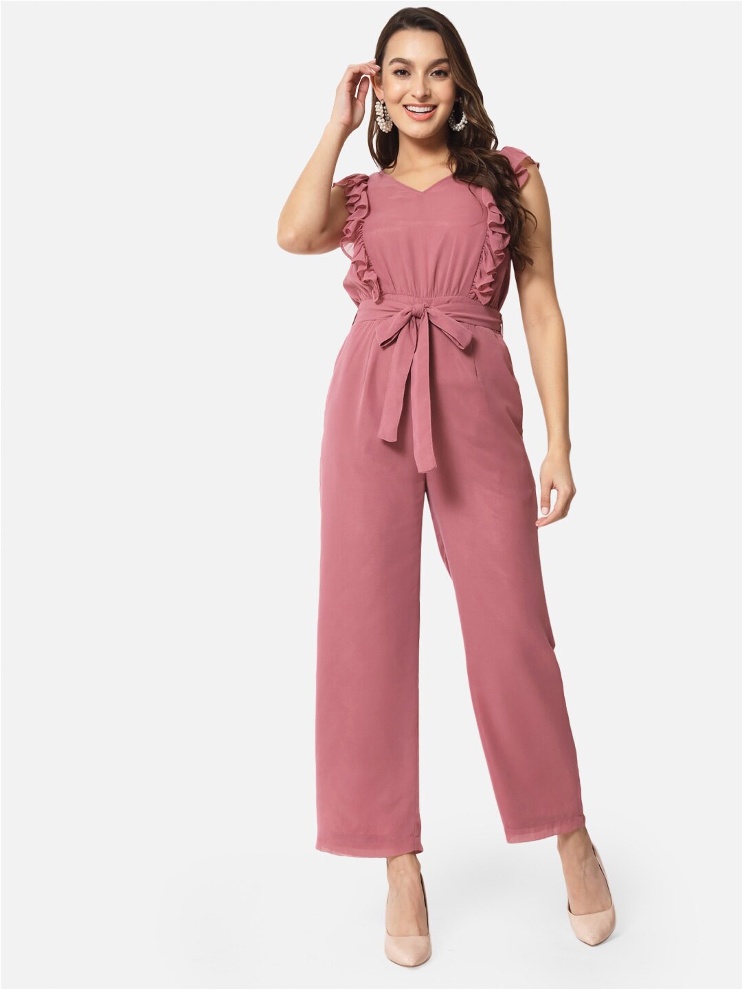 

ALL WAYS YOU V-Neck Basic Jumpsuit With Ruffles, Pink