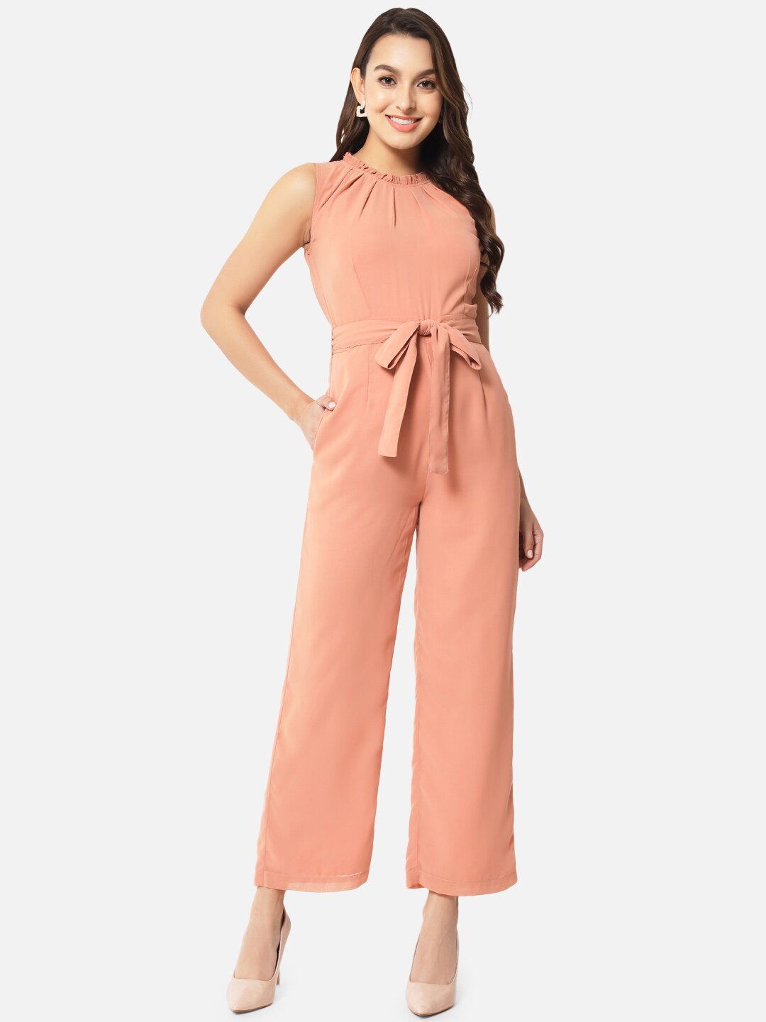 

ALL WAYS YOU High Neck With Waist Tie-Ups Basic Jumpsuit, Peach
