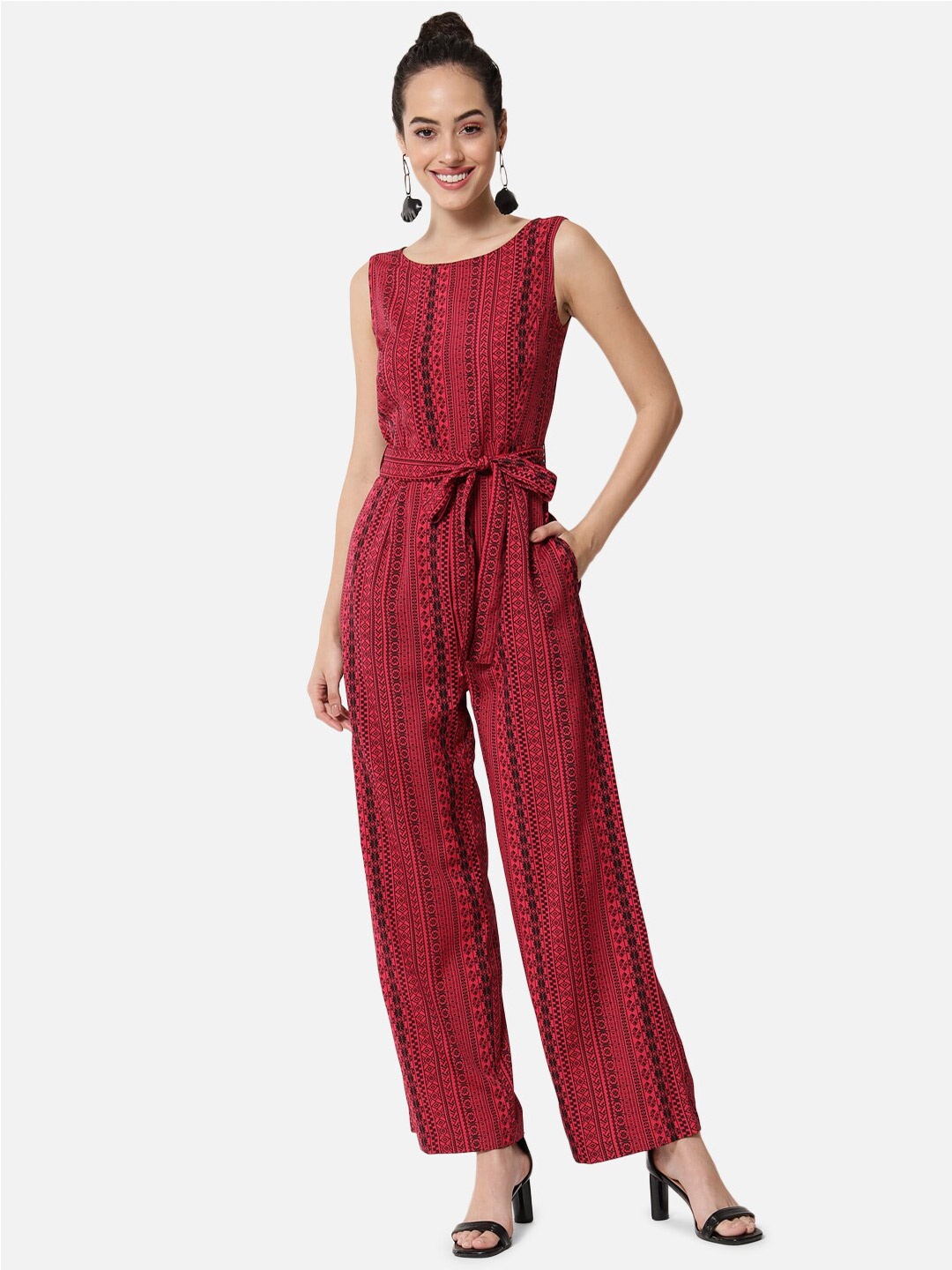 

ALL WAYS YOU Printed Basic Jumpsuit With Waist Tie-Ups, Red