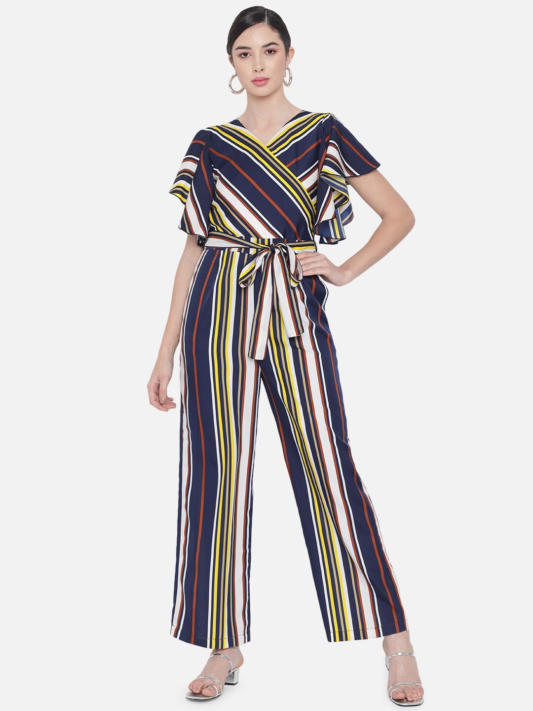 

ALL WAYS YO Striped Culottes Jumpsuit with Ruffles, Navy blue