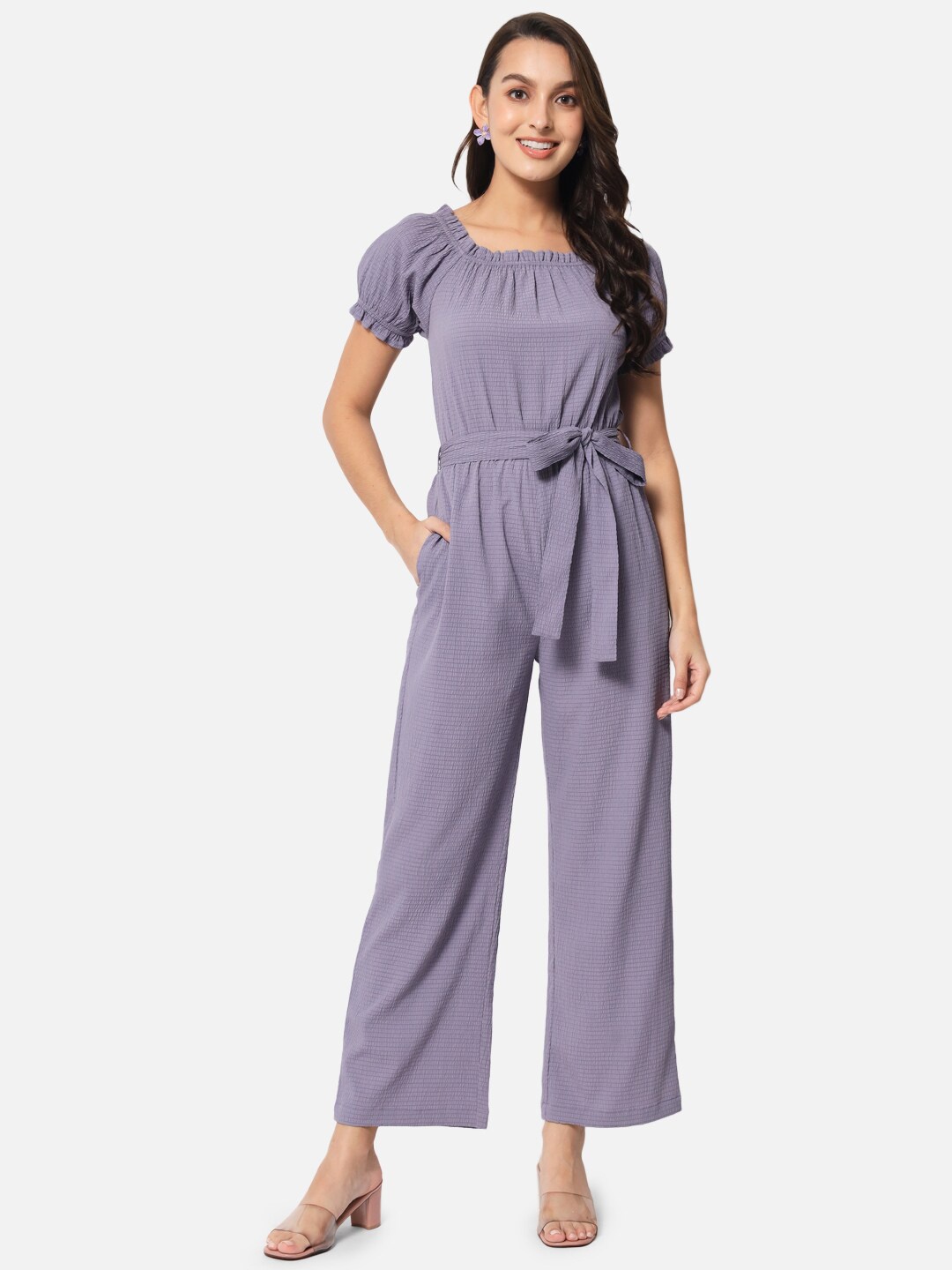 

ALL WAYS YOU Square Neck Puff Sleeves Waist Tie Ups Basic Jumpsuit, Purple