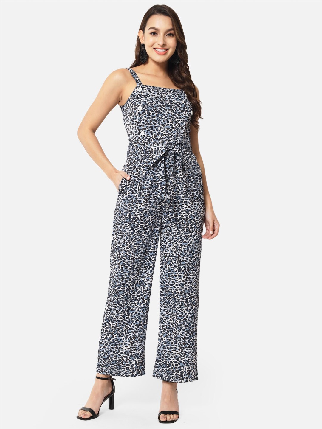 

ALL WAYS YOU Printed Basic Jumpsuit With Waist Tie-Ups, Grey