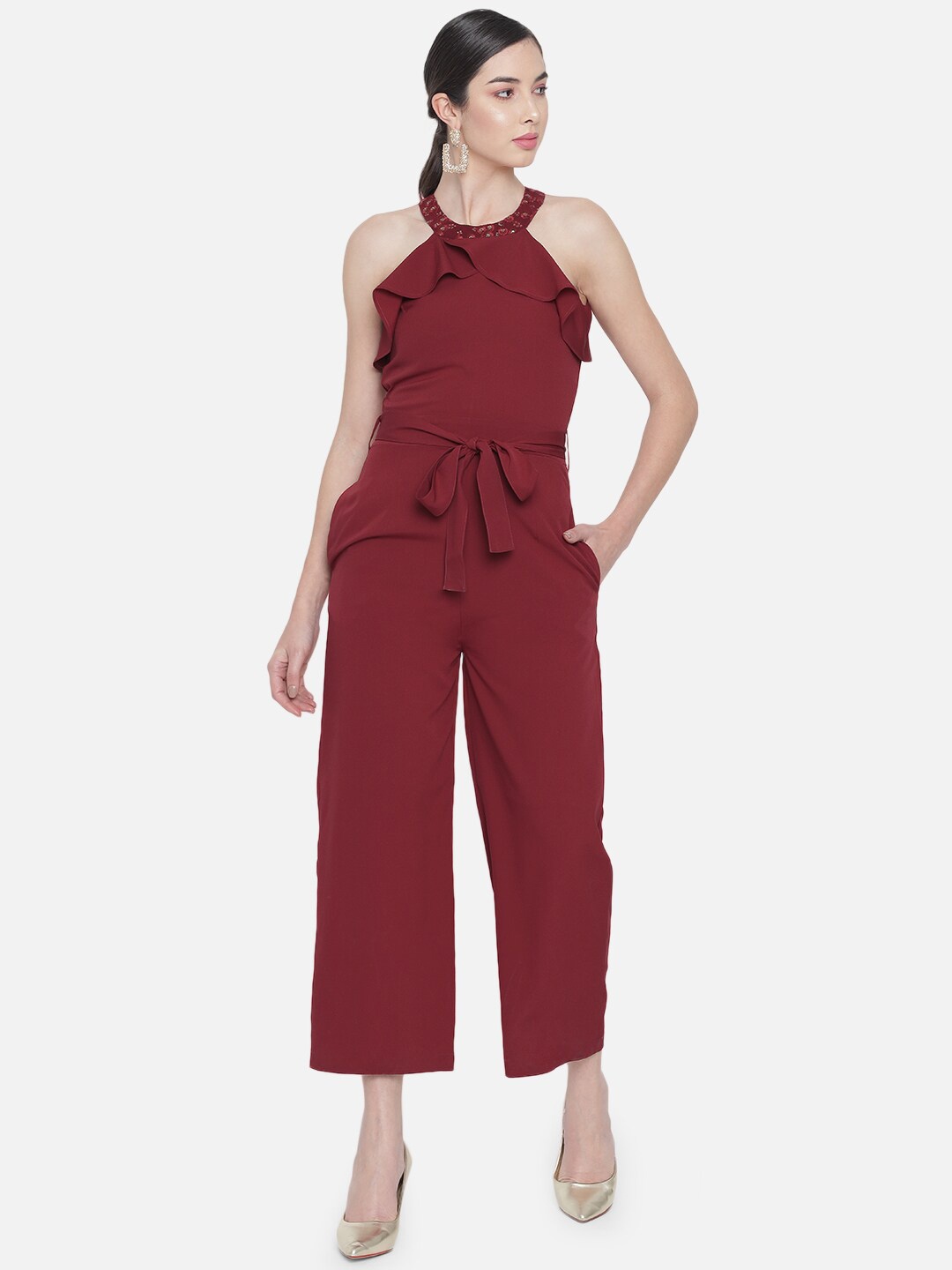 

ALL WAYS YOU Embellished Halter Neck Basic Jumpsuit, Red