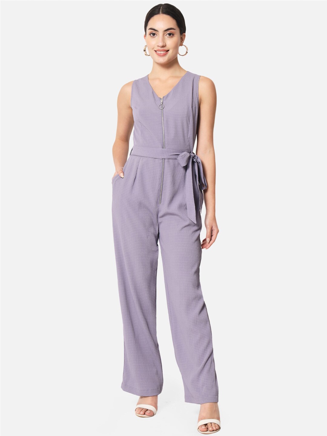 

ALL WAYS YOU V Neck Basic Jumpsuit With Waist Tie-Ups, Purple