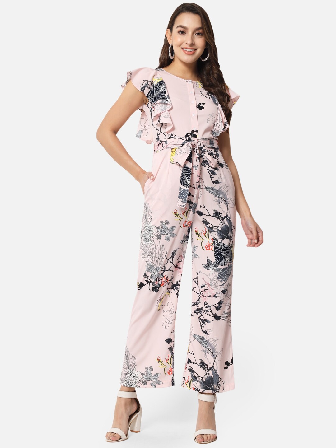 

ALL WAYS YOU Floral Printed Waist Tie Ups Basic Jumpsuit with Ruffles, Pink
