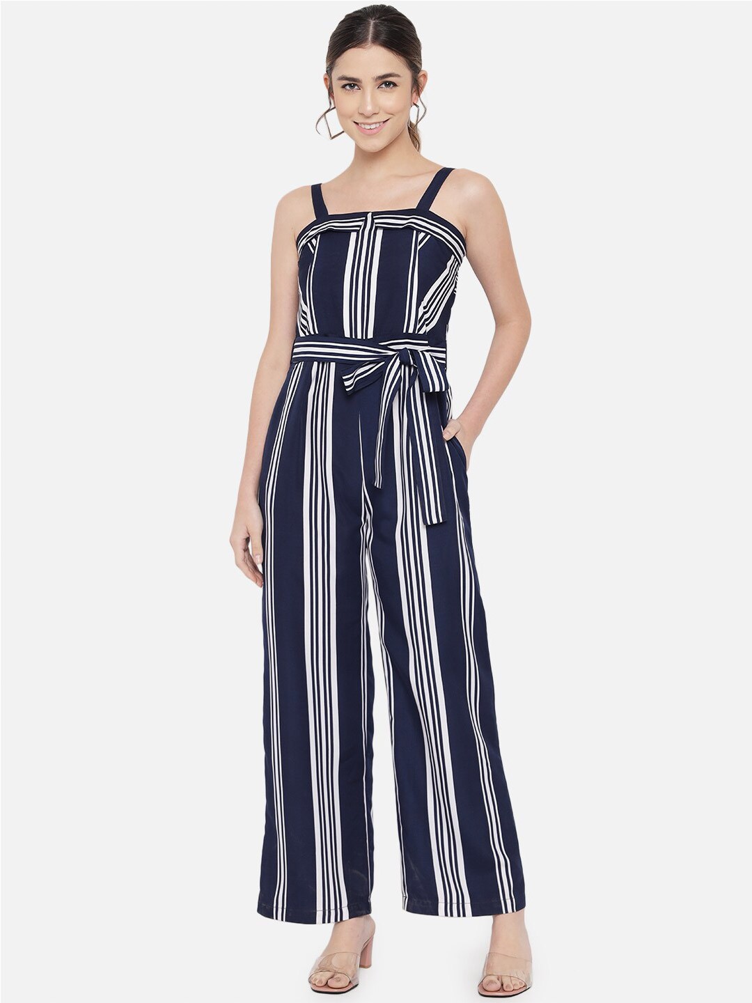 

ALL WAYS YOU Striped Belted Basic Jumpsuit, Navy blue