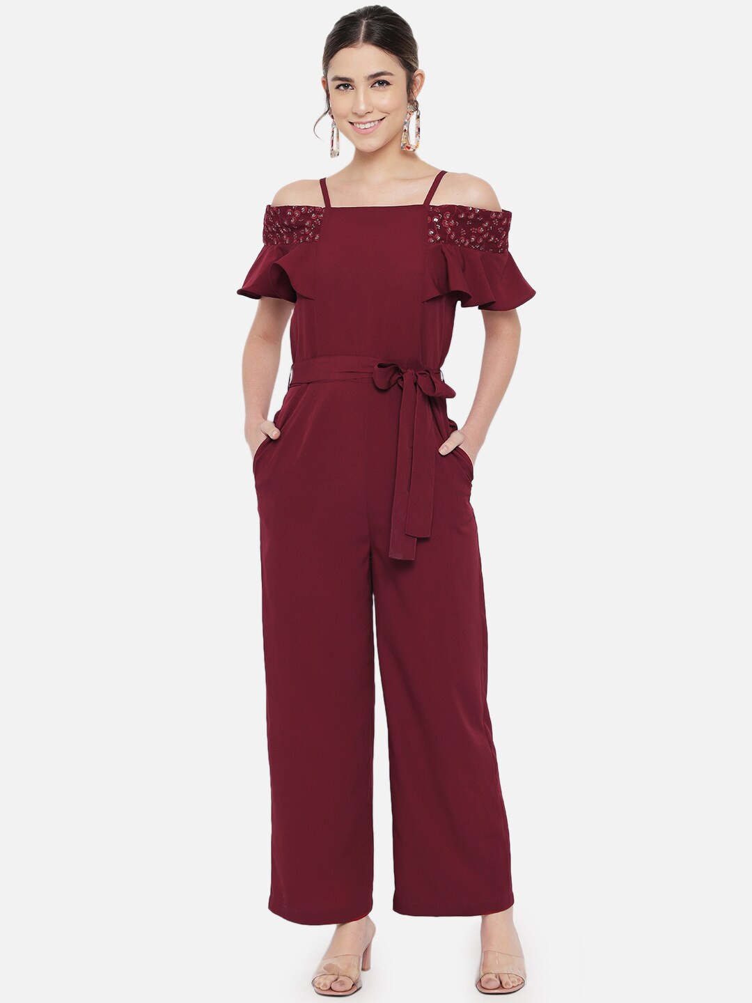 

ALL WAYS YOU Short Sleeves Basic Jumpsuit with Belt, Maroon