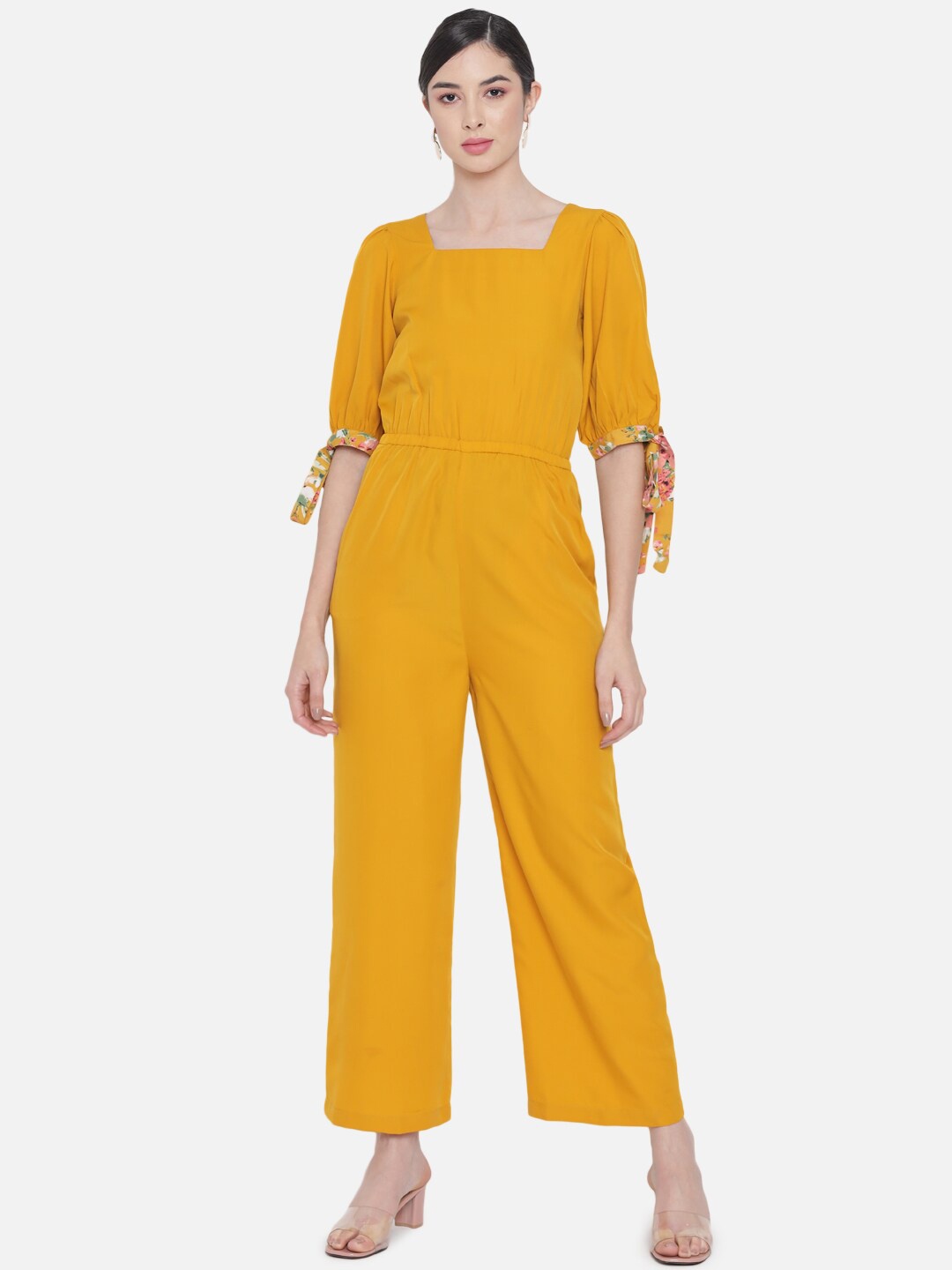 

ALL WAYS YOU Square Neck Puff Sleeves Basic Jumpsuit, Yellow