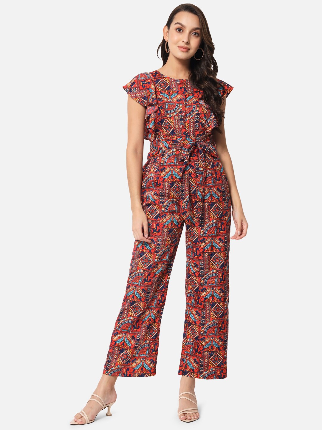 ALL WAYS YOU Printed Boat Neck Waist Tie-Ups Basic Jumpsuit, Maroon