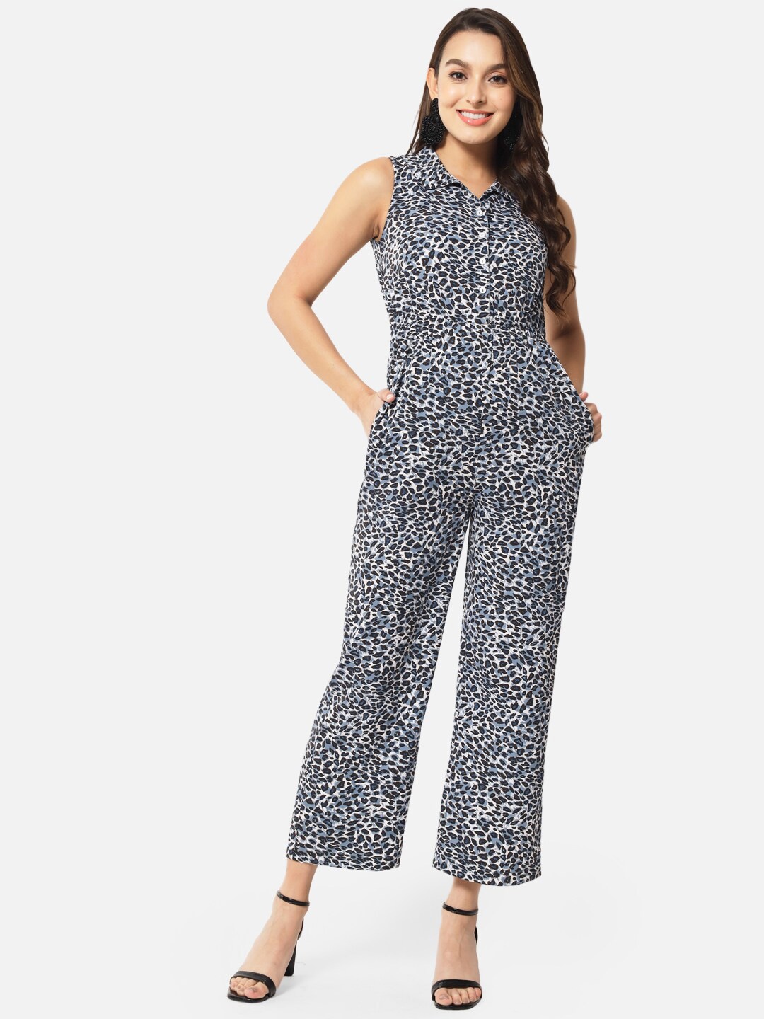 

ALL WAYS YOU Animal Printed Shirt Collar Sleeveless Basic Jumpsuit, Blue