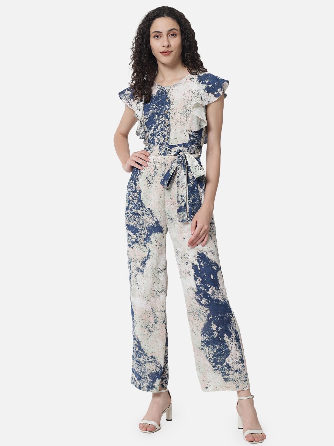 

ALL WAYS YOU Printed Basic Jumpsuit with Ruffles, White