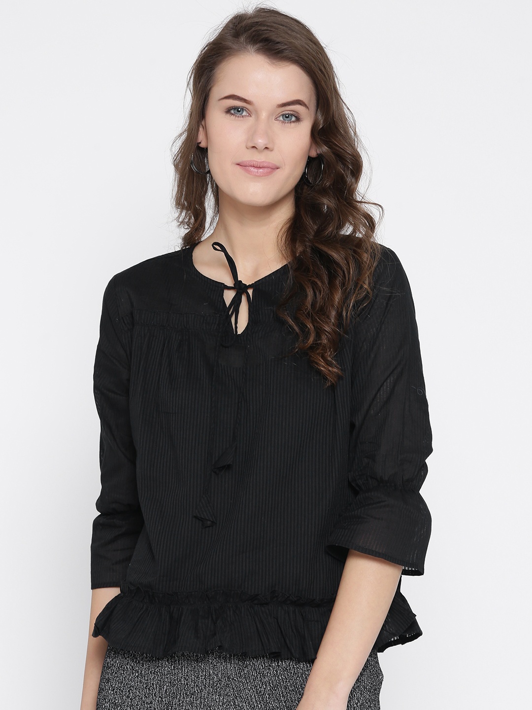 

Style Quotient Women Black Self-Striped Pure Cotton Top