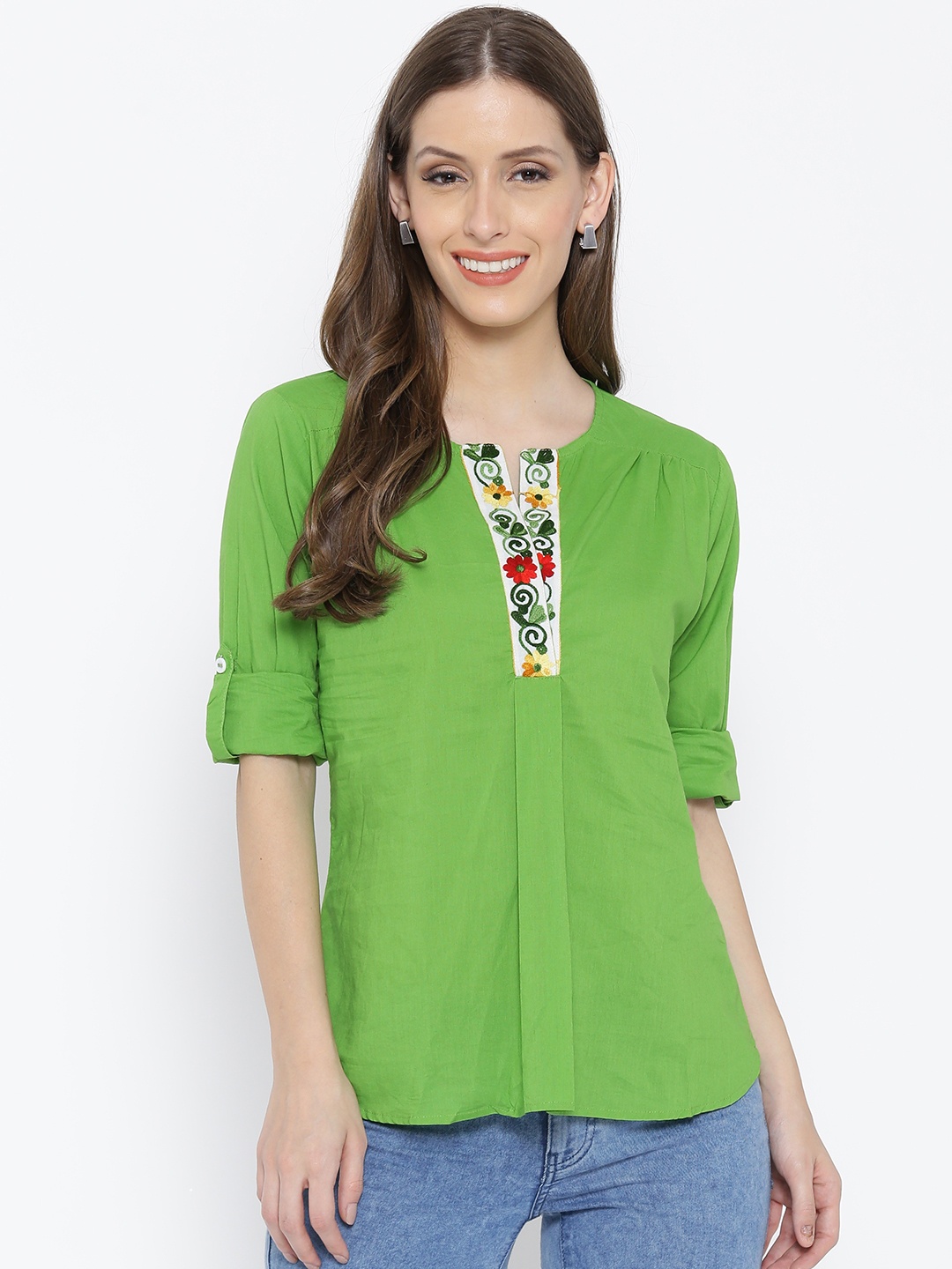 

Style Quotient Women Green Solid Pure Cotton Top
