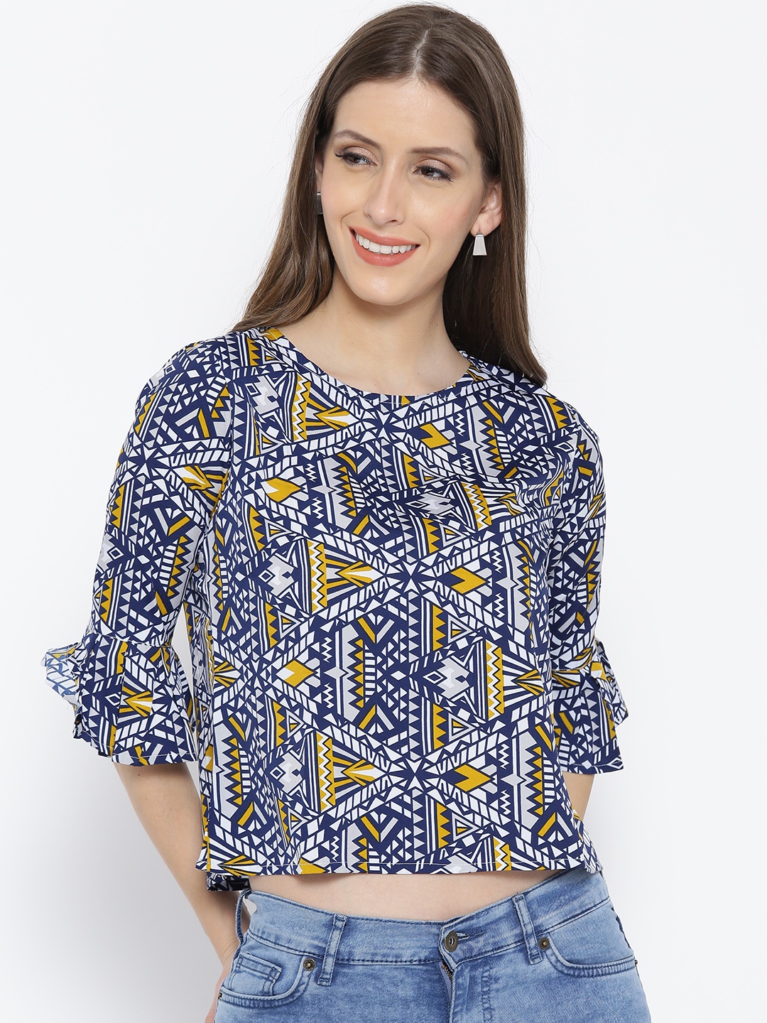 

Style Quotient Women Navy & Off-White Printed Boxy Top, Navy blue