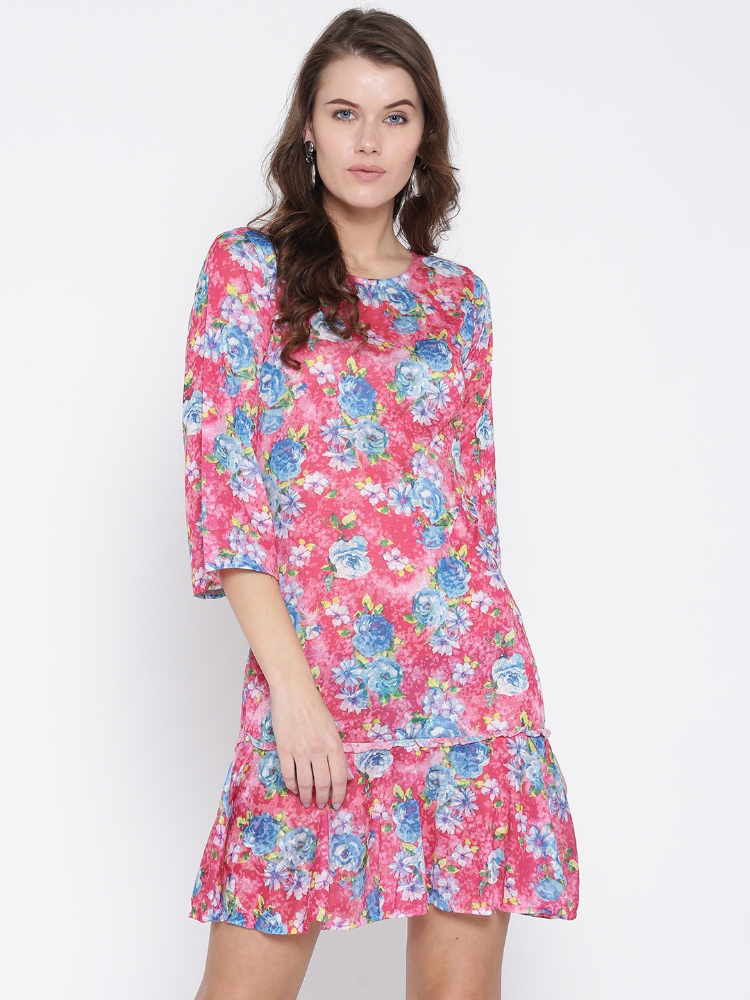 

Style Quotient Women Pink & Blue Floral Print Drop-Waist Dress