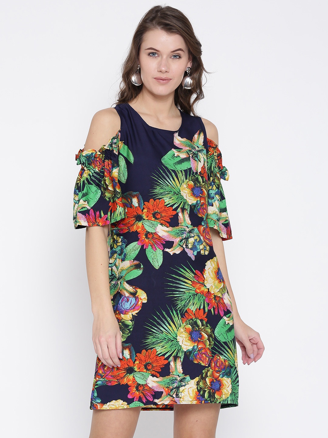 

Style Quotient Women Navy & Green Floral Print A-Line Dress, Navy blue