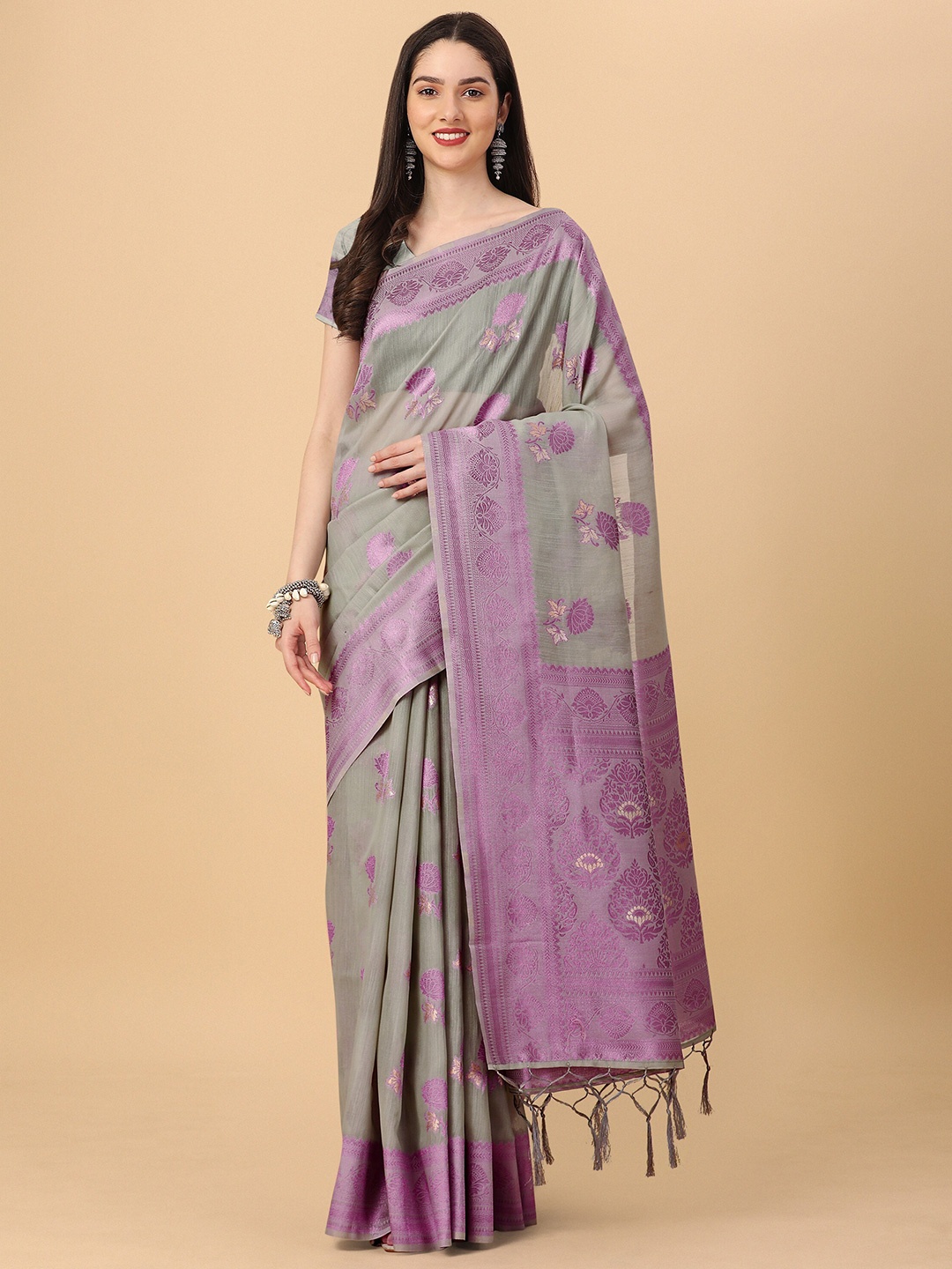 

Mitera Woven Design Zari Silk Cotton Banarasi Saree, Grey