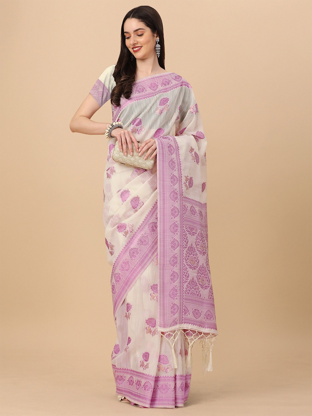 

Mitera Floral Woven Design Silk Cotton Banarasi Saree, Off white