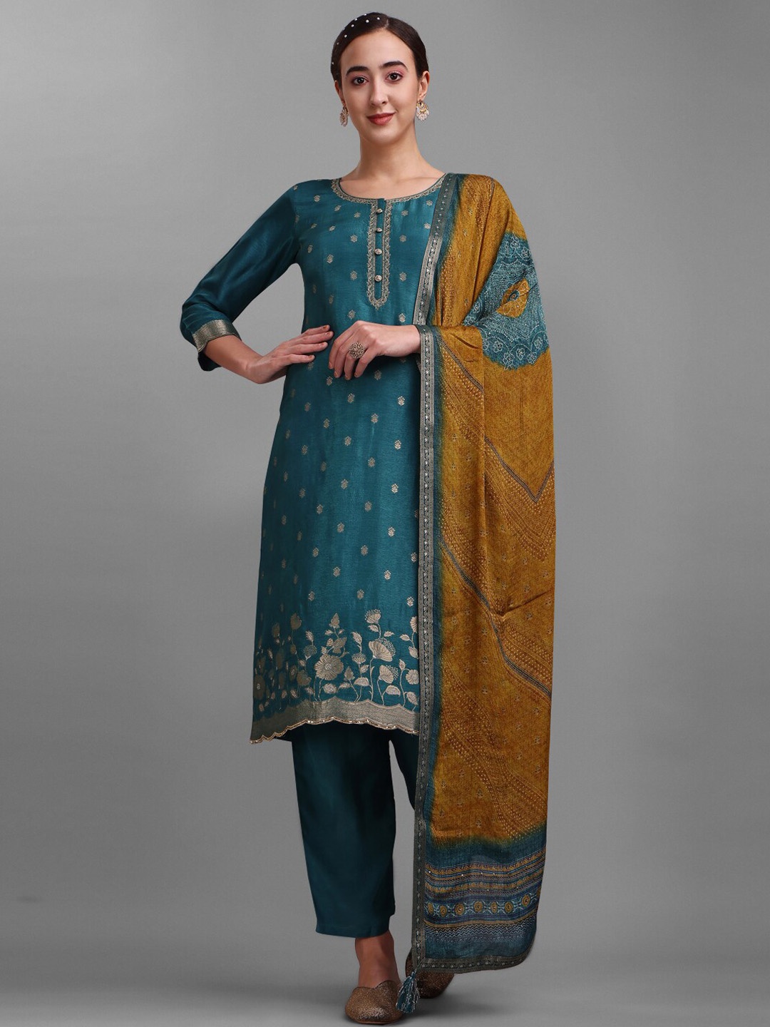 

Seerat Floral Woven Design Pure Silk Zari Kurta with Trousers & Dupatta, Teal
