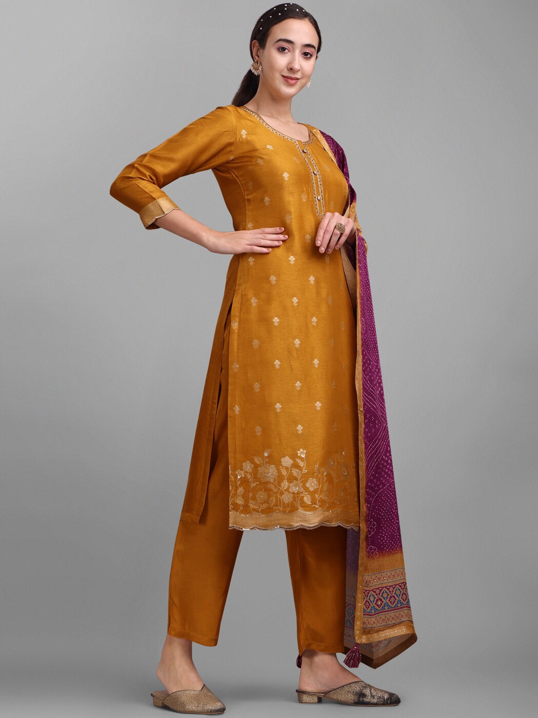 

Seerat Woven Design Jacquard Silk Straight Kurta With Trousers & Printed Dupatta, Mustard